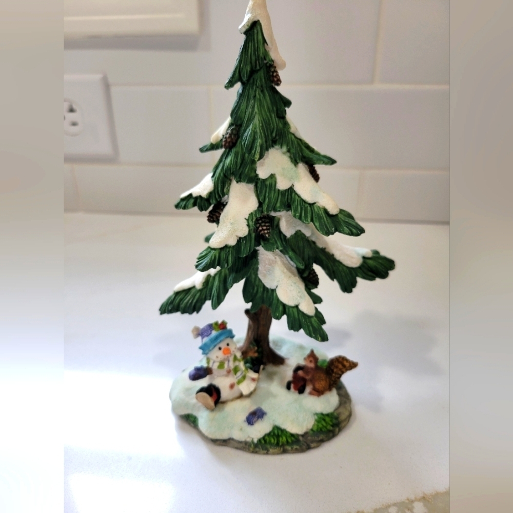 Holiday Snowy Pine Tree Figurine with Snowman and Squirrel